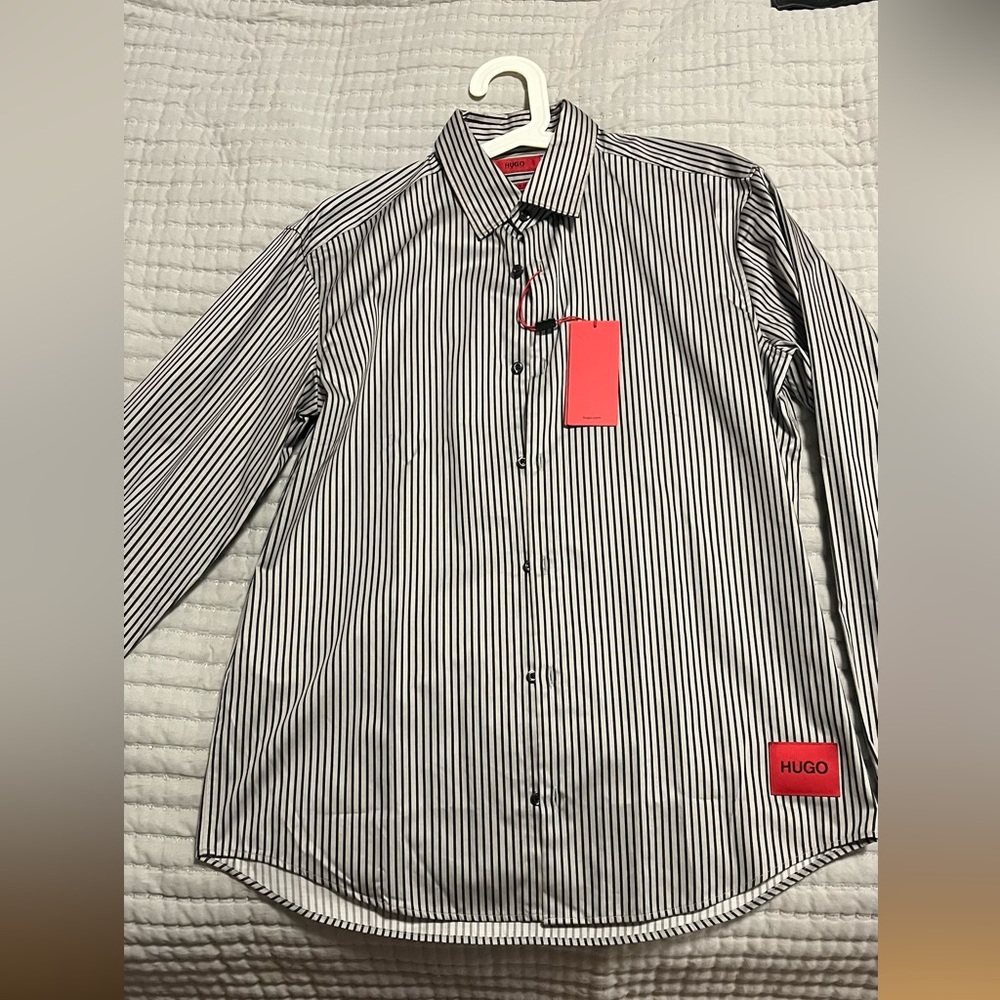 Hugo Boss Black and Gray Striped Dress Shirt